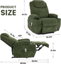 Garvee Manual Recliner Chair with Massage and Heat, Ultra-Comfortable 135° Adjustable Reclining Sofa for Living Room & Bedroom, with Cup Holders & Pockets, Corduroy Green