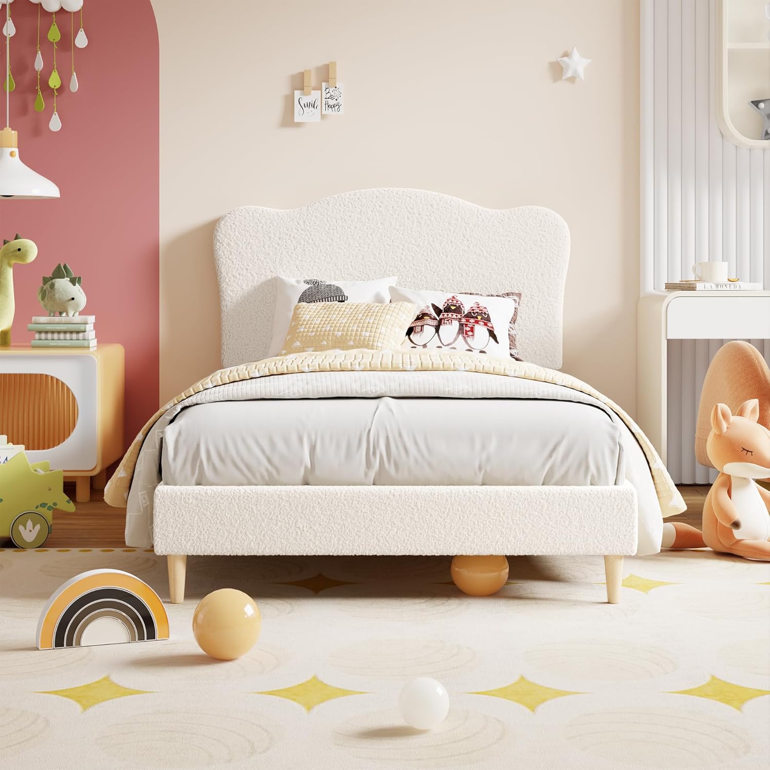 Garvee Upholstered Twin Size Bed Frame for Kids with Crown Headboard, Cute Velvet Twin Bed for Girls, Boys, Sturdy Platform Bed, No Box Spring Needed, Wooden Slats, Noise Free, White