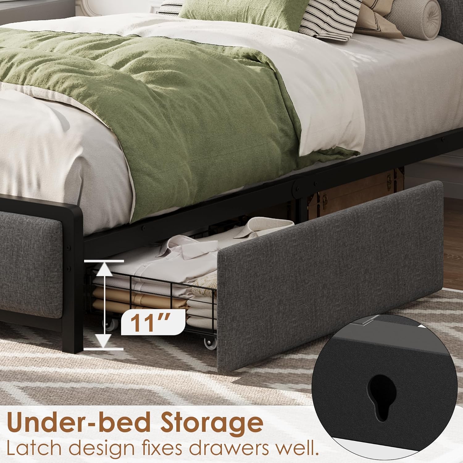 Garvee Twin Size Bed Frame with 2 Storage Drawers and Charging Station, Rustic Linen Upholstered Platform Bedframe with Storage Headboard, Heavy Duty, Easy to Assemble for Kids, Grey
