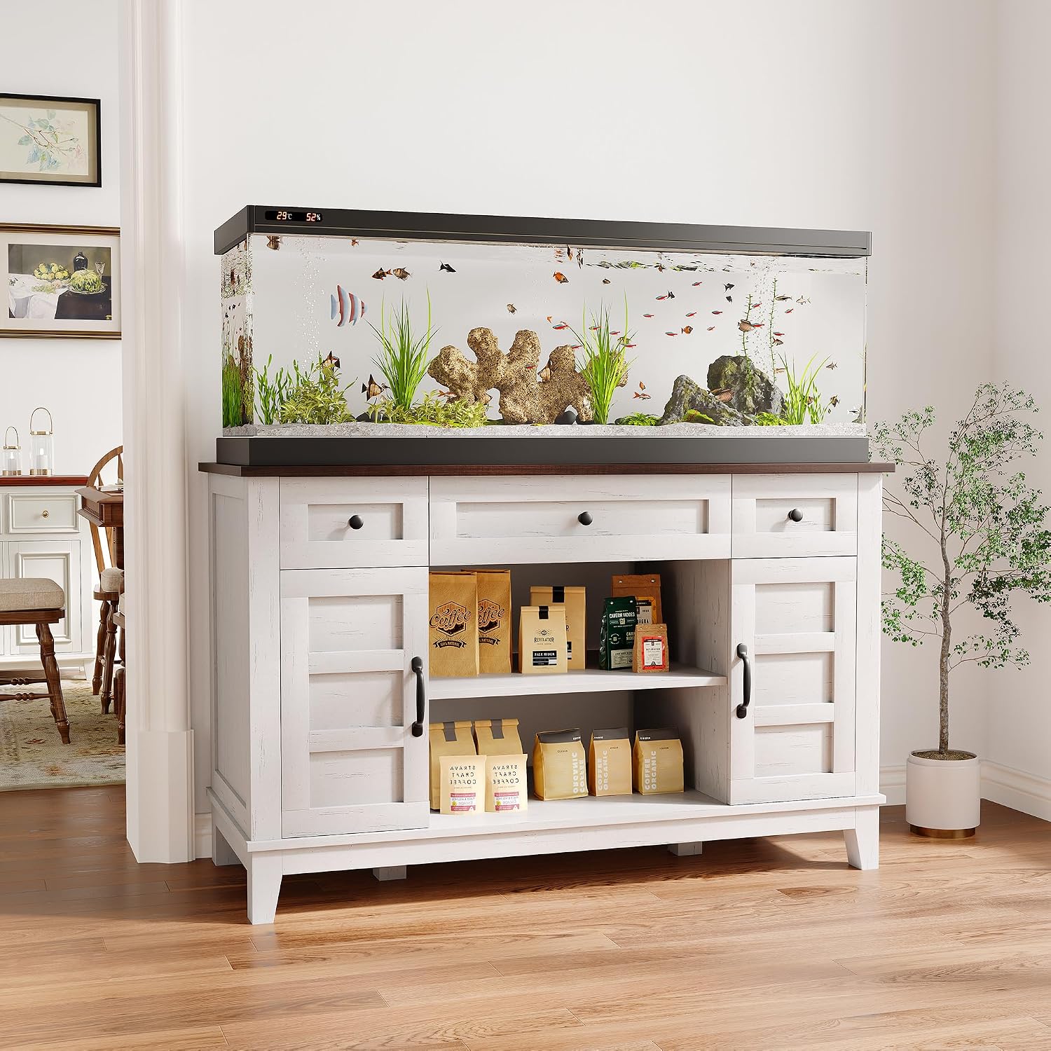 Garvee Farmhouse Aquarium Stand for 55-75 Gallon Tanks – Heavy Duty 1400LBS Cabinet with Double Doors, Drawers, Adjustable Storage, Built-in Power Outlet, Brownish White