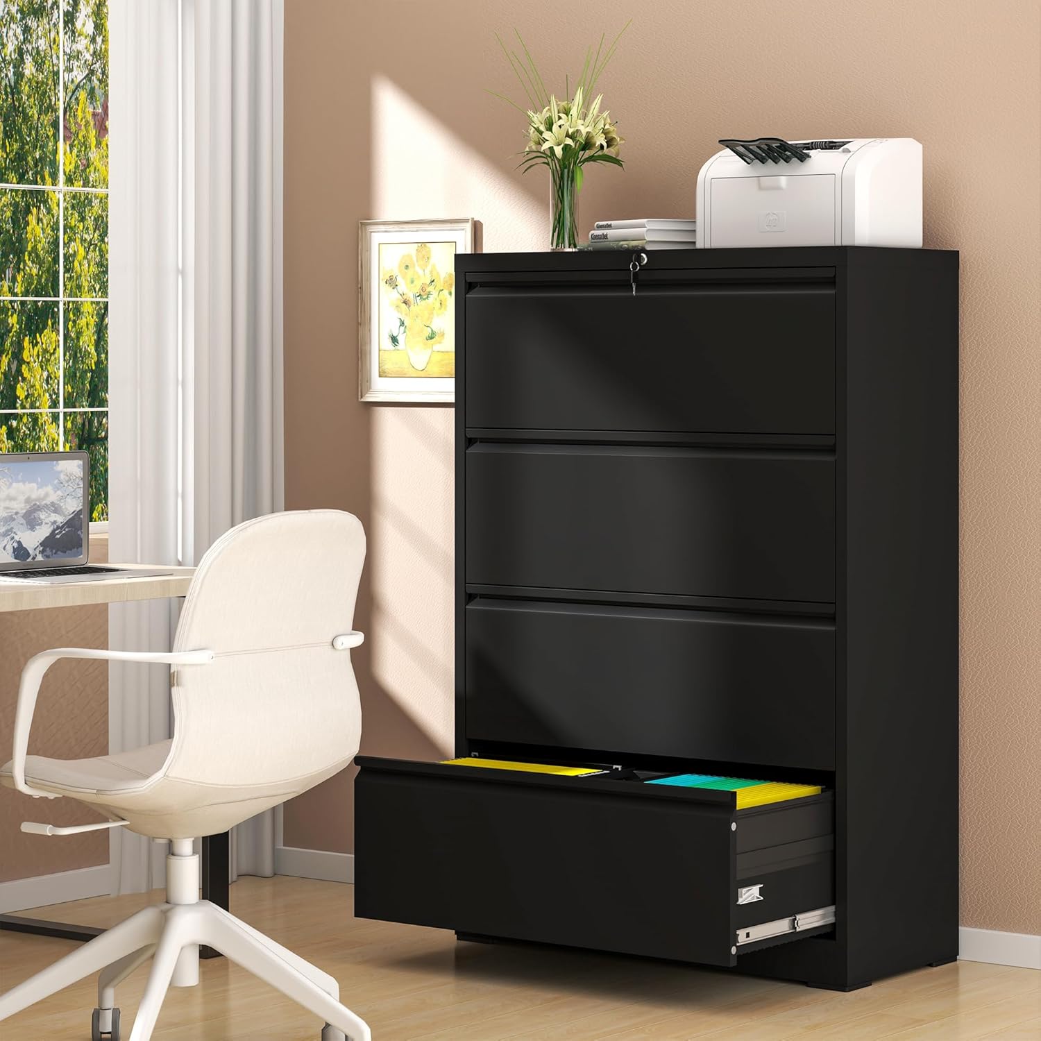 Garvee 4 Drawers Lateral File Cabinet, Metal Filing Cabinet with Lock for Home Office, Wide Steel Storage Cabinet Commercial Drawer Cabinets for Legal/Letter/A4 Size Files, Assembly Required