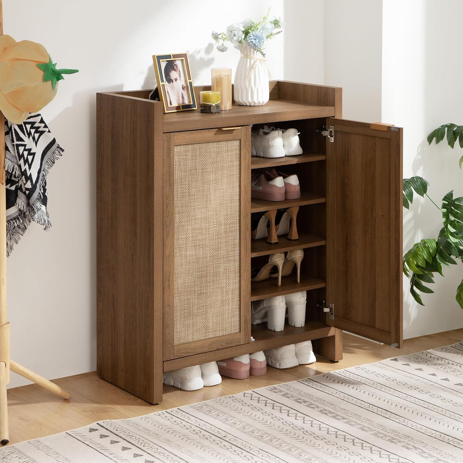 Garvee Boho 32" Rattan Shoe Storage Cabinet with 2 Doors and Adjustable Shelves for Entryway, Hallway, Living Room and Bedroom, Dark Oak