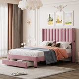 Garvee Queen Size Bed Frame with Storage Drawer Velvet Upholstered Headboard Platform Bed No Box Spring Needed Sturdy Queen Bed - Pink