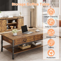 Garvee Vintage Farmhouse Coffee Table with Drawers, 2 Tier Small Wood Coffee Table for Living Room, Rectangular MDF Storage Table with Shelf, Rustic Modern Center Table