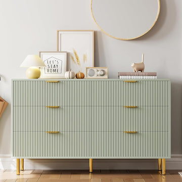 Garvee Green Dresser, Modern 6 Drawer Dresser for Bedroom with Gold Handle and Large Drawer, Wood Double Chest of Drawers and Storage Organizer for Living Room, Hallway, Entryway