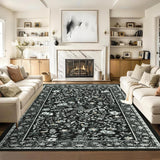 Garvee Washable Area Rugs Black Botanical Floral Rug 6x9 Low Pile Non-Slip Soft Stain Resistant Carpet for Living Room Bedroom Dining Room Nursery Laundry Home Office - Black