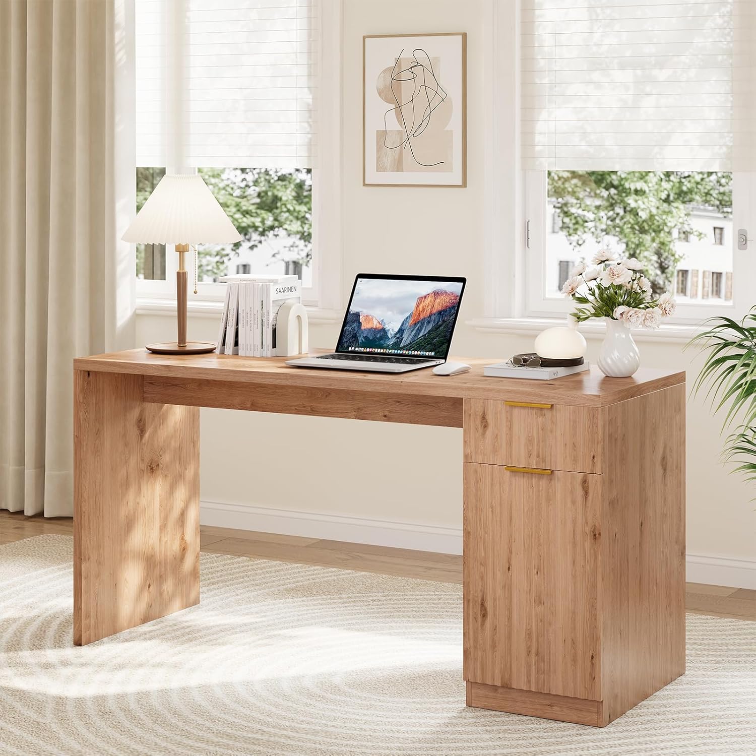 Garvee Executive Desk with Drawer and Power Outlet, 61" Large Farmhouse Computer Desk Home Office Wood Executive Desk with Adjustable Shelf for Work Study Writing, Oak