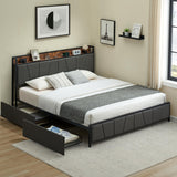 Garvee King Size Bed Frame with 2 Storage Drawers, Linen Upholstered Platform Bed Frame with Storage Headboard and Charging Station, Heavy Duty, Easy to Assemble, No Box Spring Needed, Grey - Gray