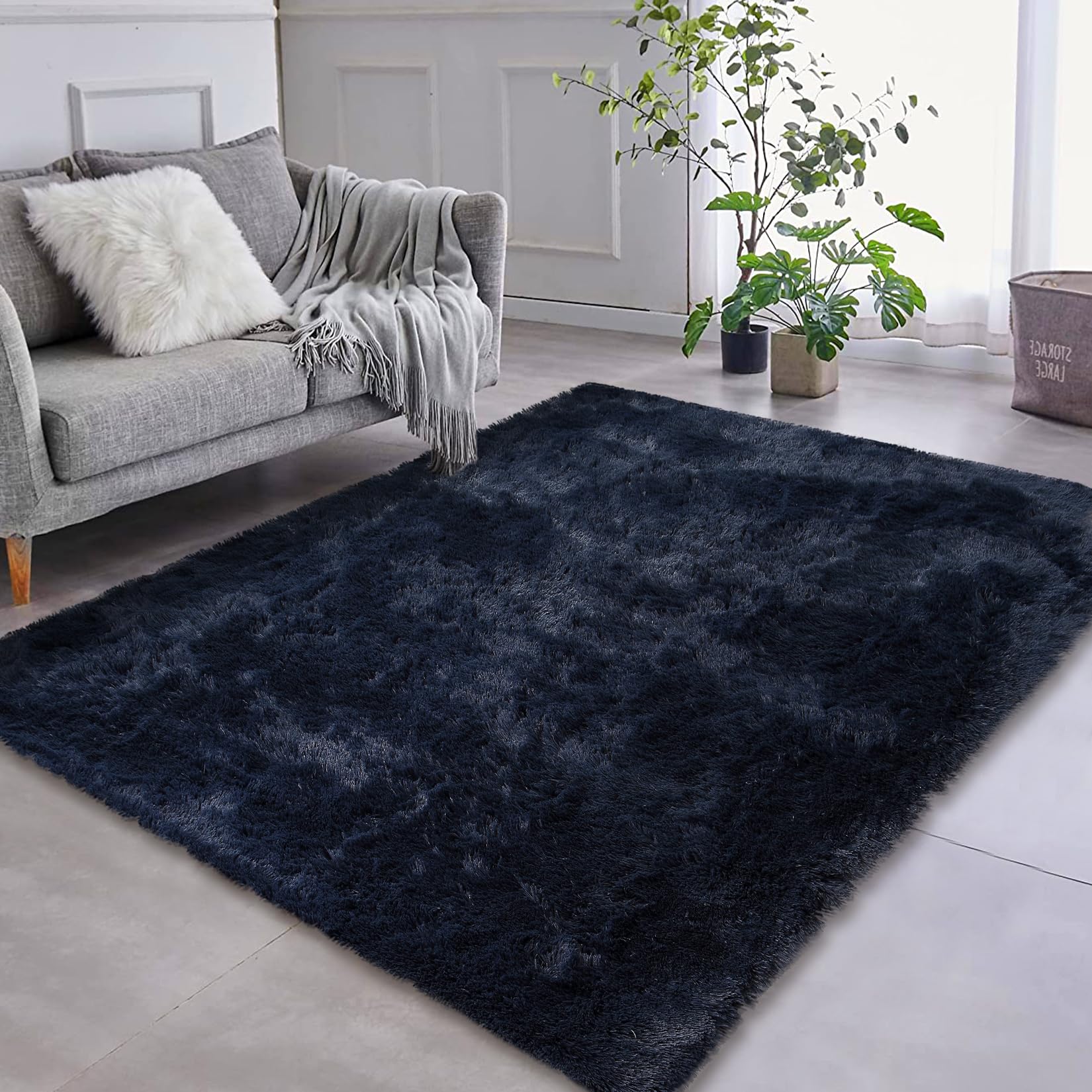 9x12 navy blue area rug, high-pile faux fur, non-slip design for cozy home decor.