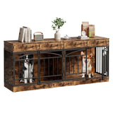 Garvee 78.7" Double Dog Crate Furniture with Storage and 4 Doors, Dog Kennel Indoor with Feeding Bowls, Wood Dog Crate TV Stand for Small Medium Dogs, Brown - Brown