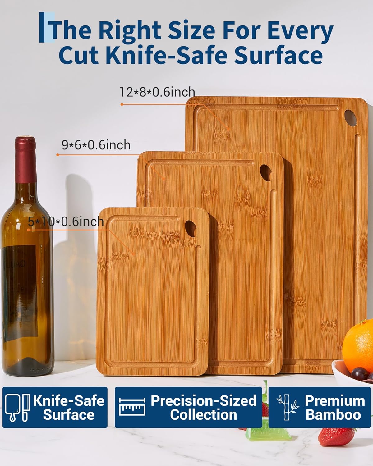 Garvee 3-Piece Deep Carbonized Bamboo Cutting Board Set with Holder – Multi-Size Wooden Chopping Boards for Kitchen, Durable Butcher Block with Deep Juice Grooves & Built-in Handles, For Meat, Vegetables, Fruits, meat and cheese board board (15x10, 12x8,