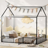 Garvee Full Floor Bed for Kids, Metal Montessori Floor Bed Full Size, Kids Floor Bed with Door& Fence, Montessori House Bed for Kids, Girls, Boys, Full Floor Bed Frame, Playhouse Bed Full, Black - Black