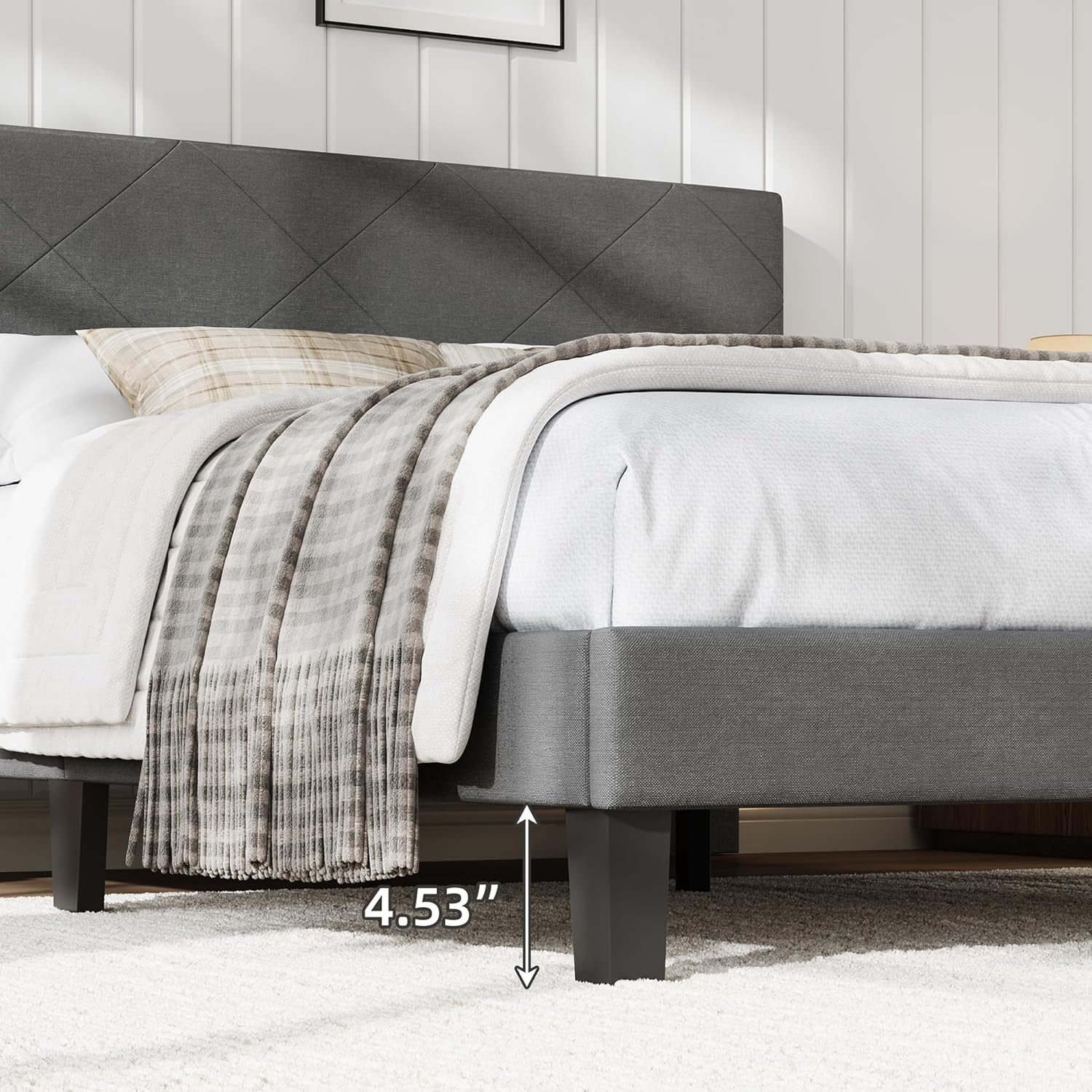 Garvee Queen Size Bed Frame with Upholstered Headboard, Queen Size Platform Bed Frame with Wooden Slat Support, Easy Assembly Platform Bed, No Box Spring Needed & Noise Free, Gray