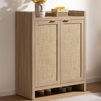 Garvee Boho 32" Rattan Shoe Storage Cabinet with 2 Doors and Adjustable Shelves for Entryway, Hallway, Living Room and Bedroom, Light Oak