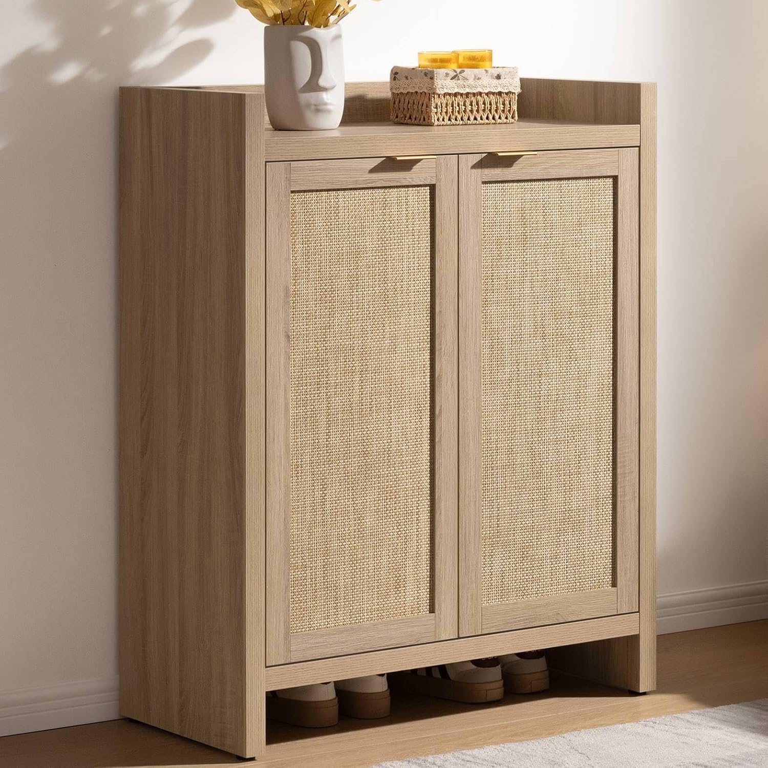 Garvee Boho 32" Rattan Shoe Storage Cabinet with 2 Doors and Adjustable Shelves for Entryway, Hallway, Living Room and Bedroom, Light Oak