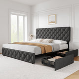 Garvee King Size Bed Frame with 4 Storage Drawers and Adjustable Headboard, Linen Upholstered Platform Bed Frame with Wooden Slats Support, Diamond Stitched Button Tufted, No Box Spring Needed - Dark Grey - Gray