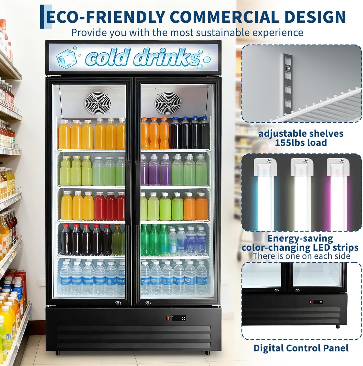 GARVEE 34.8 Cu.ft Double Door Commercial Beverage Cooler - 580-Can Glass Display Fridge | Frost-Free Air-Cooled, RGB Lights, Adjustable Shelves | for Bar/Restaurant/Store (Black)