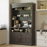 Garvee Coffee Bar With Led Lights Farmhouse Buffet Cabinet Kitchen Sideboard Tall Coffee Hutch 72" Antique White & Oak - Dark Oak Color + Black Sand Back