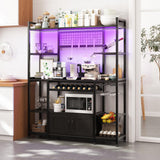 Garvee 55" Bakers Rack with Power Outlet and LED Light, 5-Tier Kitchen Microwave Stand Coffee Bar with Storage, 10 Hooks, Wire Basket, Metal Grid, Wine Rack, Goblet Holder, Black - Black