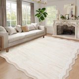 Garvee Washable Rugs 8x10 Scallop Solid Living Room Rug Beige, Non-Slip, Stain-Resistant, Low Pile, Soft Modern Carpet for Bedroom Nursery Playroom - Ivory White