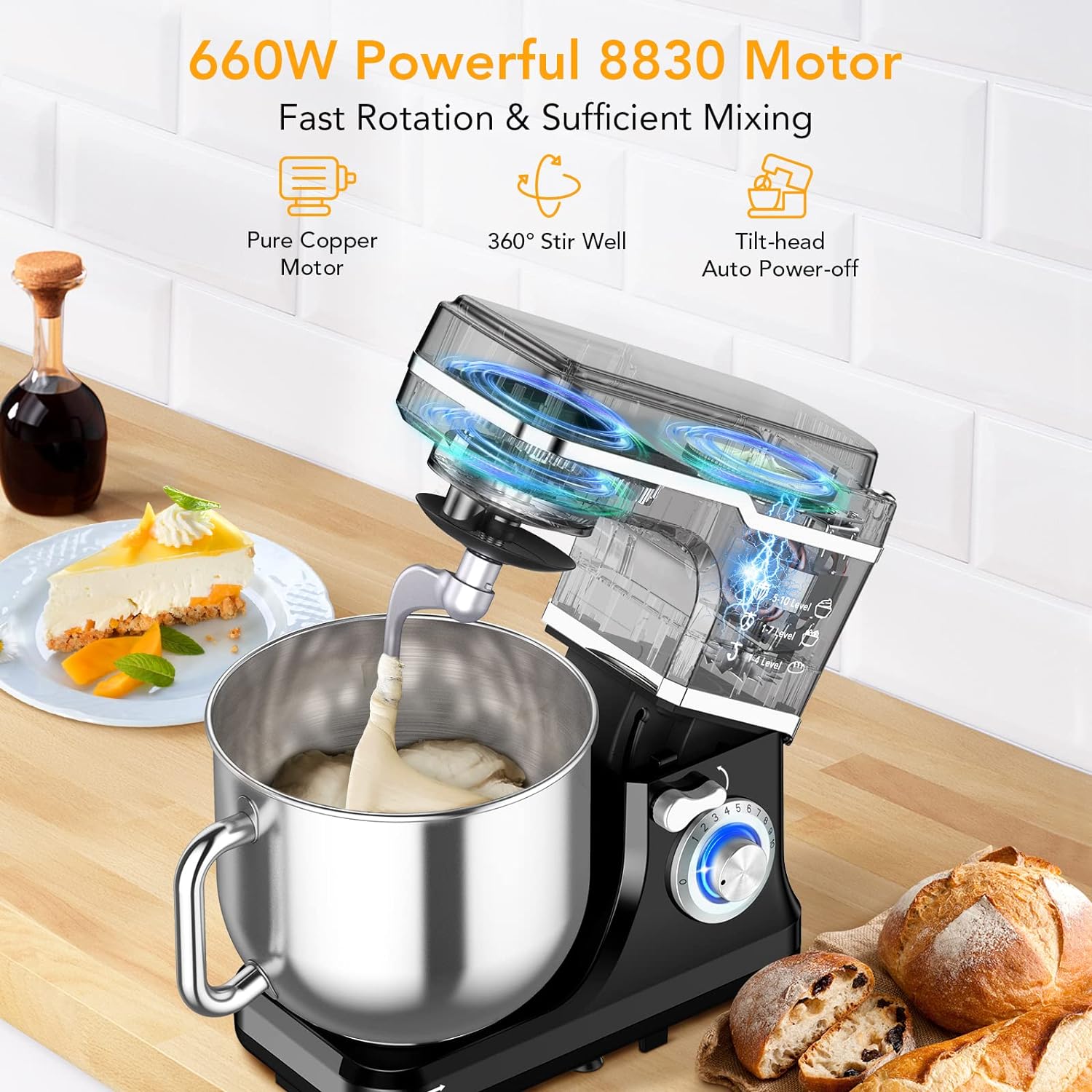 Garvee 7.5 QT Professional Electric Stand Mixer - 660W 10-Speed Kitchen Mixer with Stainless Steel Bowl, LED Light, and Dishwasher-Safe Accessories- Black