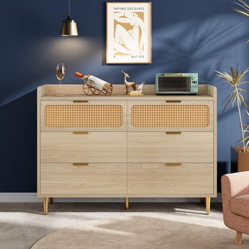 Garvee 6 Drawer Rattan Dresser, Narrow Wicker Chest of Drawer with Railed Edge, Metal Legs, Gold Handles, Farmhouse Wooden Storage Dresser for Bedroom, Nursery, Light Oak
