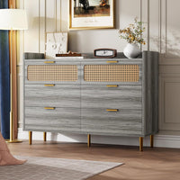 Garvee 6 Drawer Rattan Dresser, Narrow Wicker Chest of Drawer with Railed Edge, Metal Legs, Gold Handles, Farmhouse Wooden Storage Dresser for Bedroom, Living Room