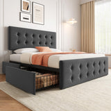 Garvee Full Size Bed Frame with 4 Storage Drawers and Headboard, Linen Upholstered Platform Bed Frame with Wooden Slats Support, Button Tufted Design, No Box Spring Needed, Dark Grey - Dark Gray