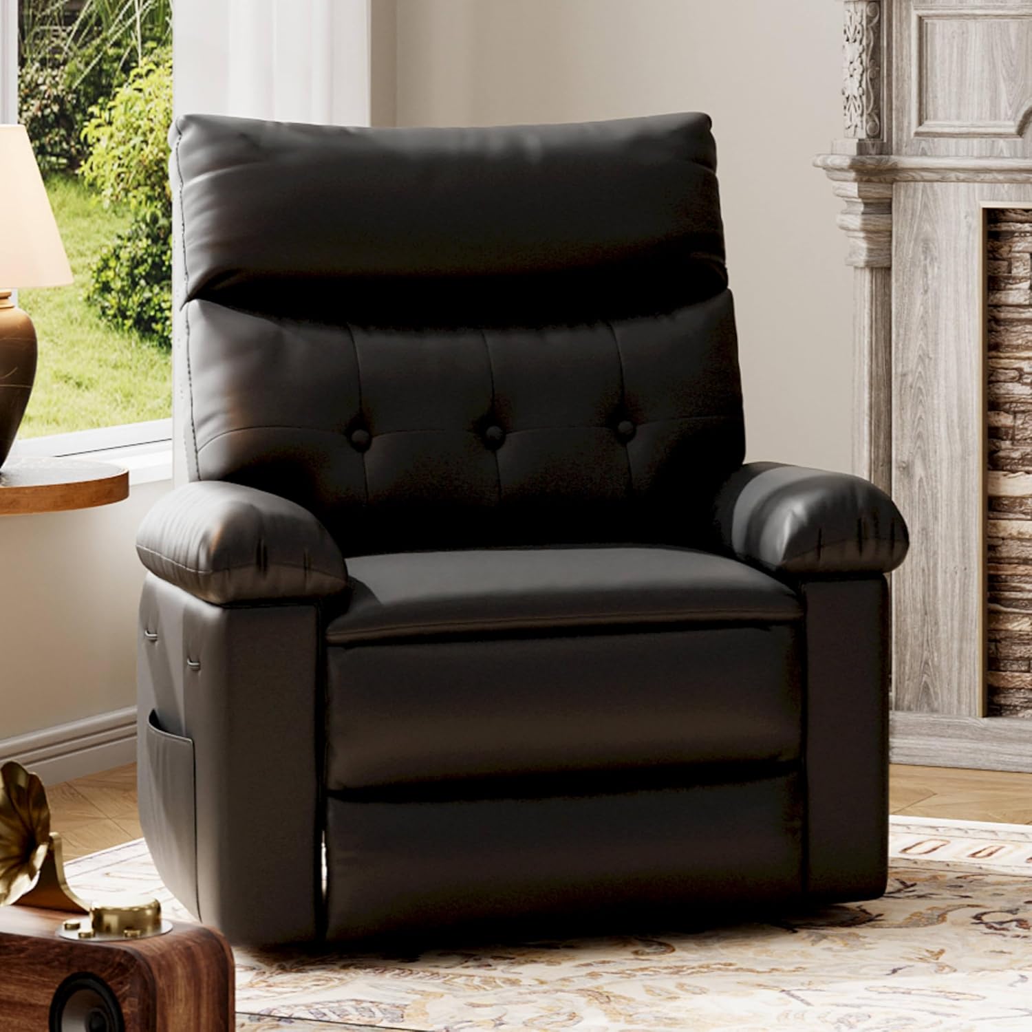 Garvee Recliner Chair for Adults, PU Leather Manual Recliner with Side Pocket, Lazy Chair with 1.5X Sponge Comfort Arm and Back for Living Room, Bedroom, Black