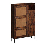Garvee Rattan Shoe Storage Cabinet with 3 Doors, Adjustable Shelves, MDF Frame, Ventilated Design, Slim Organizer for Entryway, Natural Color - Color Retro