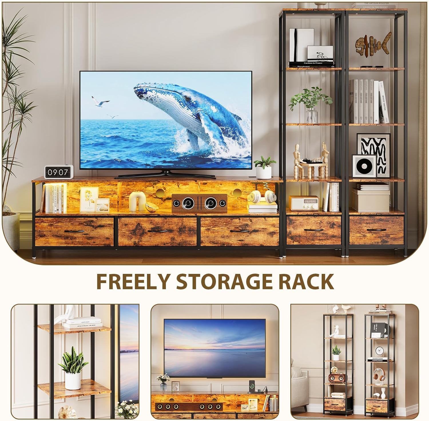 Garvee TV Stand with Storage for TVs Up to 70", TV Entertainment Center with 2 Open 5-Tier Bookshelf, Modern LED TV Console Cabinet with 5 Fabric Drawers & Power Outlets, for Living Room Bedroom