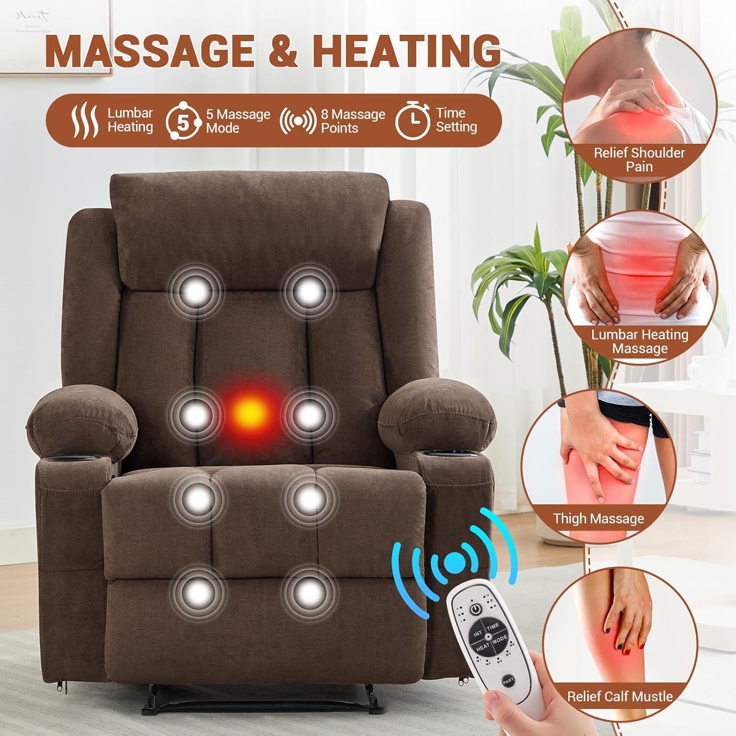 Garvee Recliner Chair 24" Seat Width, Manual Reclining Sofa with Massage and Heat, Comfy Overstuffed Rocking Chair with Side Pockets, Front Pockets and Cup Holder for Living Room, Brown