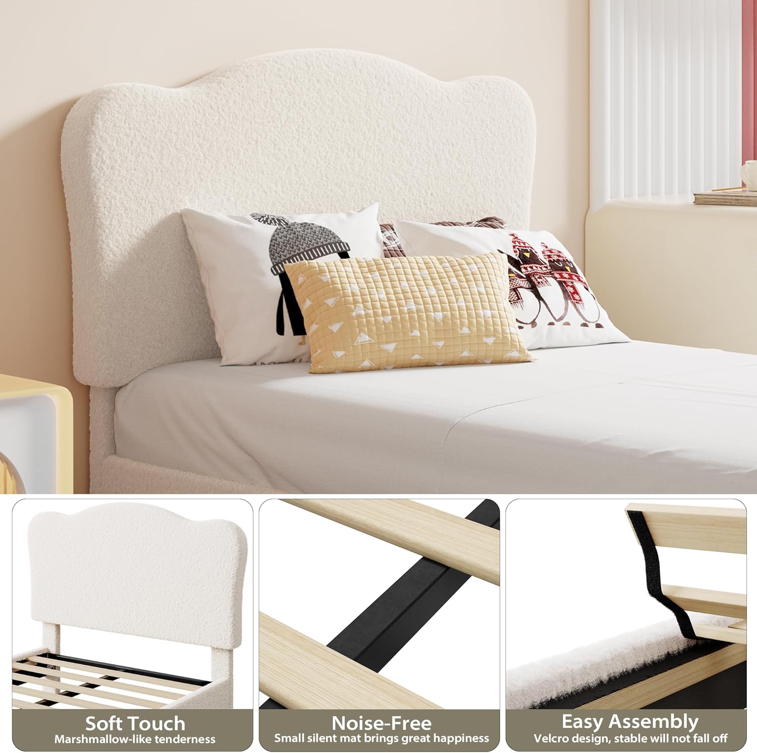 Garvee Upholstered Twin Size Bed Frame for Kids with Crown Headboard, Cute Velvet Twin Bed for Girls, Boys, Sturdy Platform Bed, No Box Spring Needed, Wooden Slats, Noise Free, White