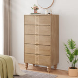 Garvee Modern Wooden 5 Drawer Dresser with Vintage Pattern Design, Tall Dresser for Closet, Chest Dresser with Deep Drawers for Bedroom, Living Room and Entryway, Oak and Gold - Oak and Gold