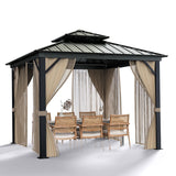 Garvee 10' × 10' Hardtop Gazebo, Double Metal Roof Patio Gazebo with Curtains & Netting, Khaki - Khaki