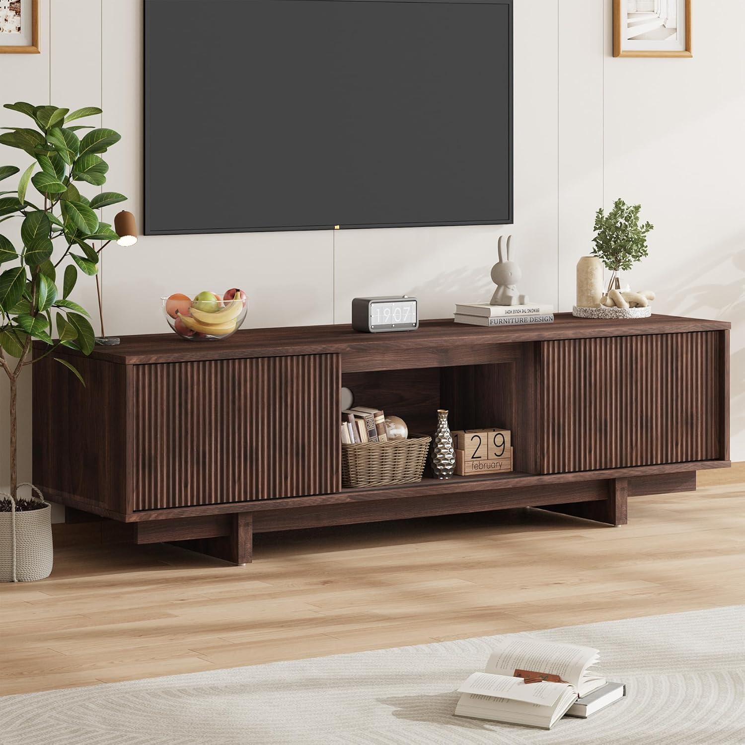 Garvee Walnut Mid-Century Modern TV Stand for 55/63 Inch TVs – Fluted Wave-design Sliding Door, Media Console with Storage Cabinet, Entertainment Furniture – Color: Walnut