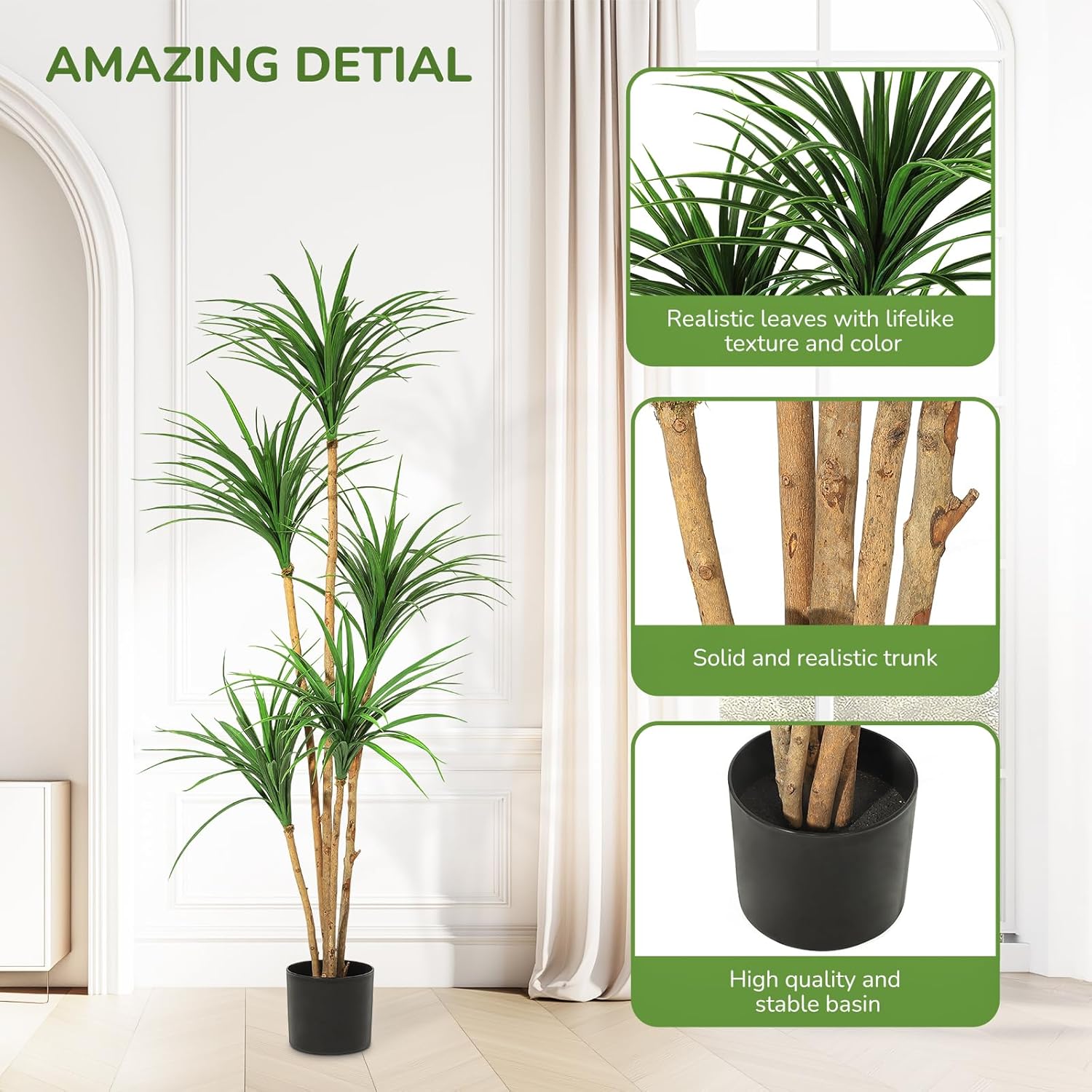 Garvee 5ft Artificial Dracaena Tree, Realistic Fake Tall Dracaena Plant for Indoor Décor, Adjustable Lifelike Faux Tree for Photo Backdrops, Nursery, Living Room, Office