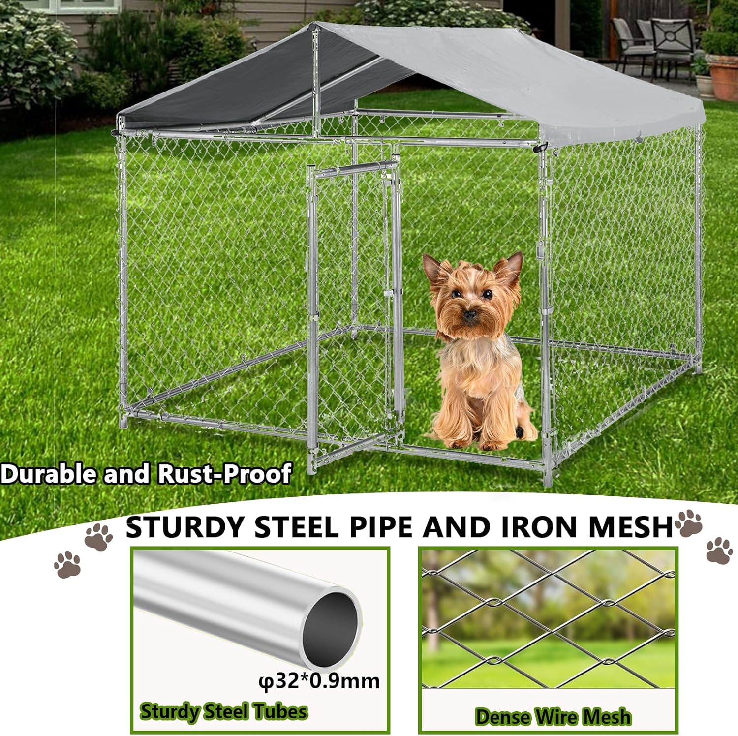 Garvee 6.6ft Heavy Duty Dog Kennel with Pointed Roof, Indestructible Large Kennel Indoor&Outdoor, Dog Enclosure Outside with UV-Resistant Cover for High Anxiety Dogs, Rabbits, Chicken Farming