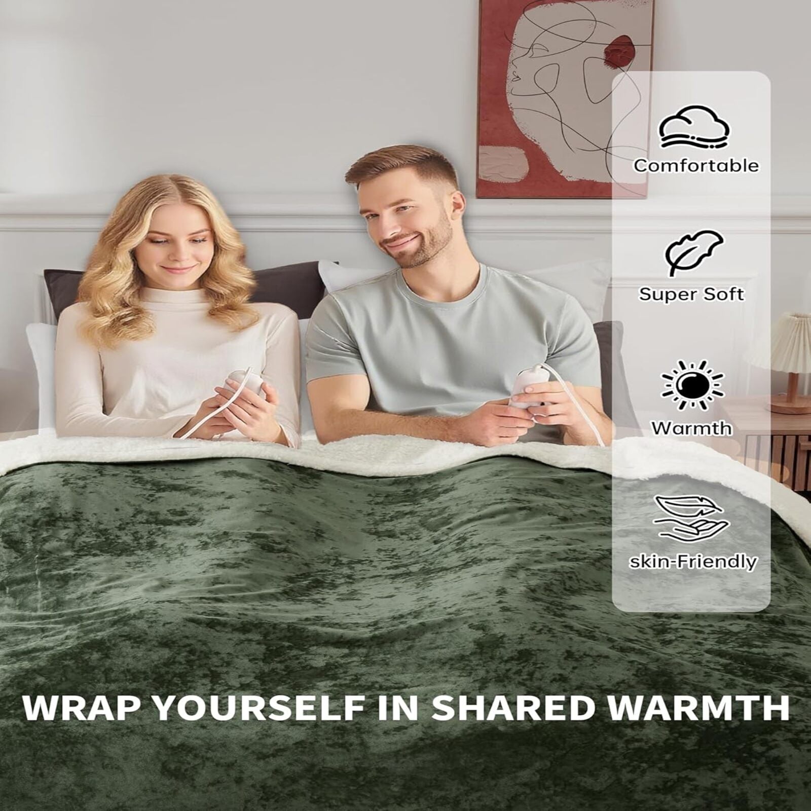 Garvee Heated Blanket King Size with Dual Control, Velvet Soft Fast Heating Blankets King, 4 Heat Settings & 10H Auto Off, Machine Washable, ETL Certified Electric Blanket, 90"x100" Green