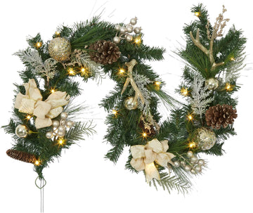 Garvee Christmas Garland with 20 Led Lights, 6 Ft Pre-Lit Gold Xmas Garland with Faux Antlers Bow-Knot Ball Ornaments, Battery Operated Garland with Timer for Mantle Staircase Table Decoration