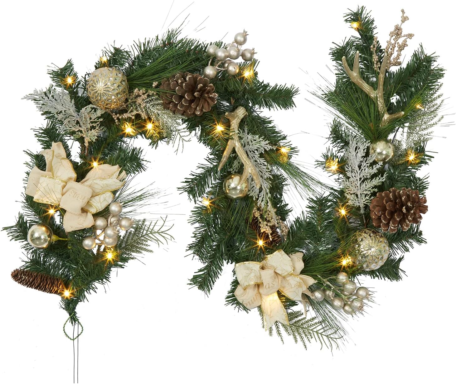 Garvee Christmas Garland with 20 Led Lights, 6 Ft Pre-Lit Gold Xmas Garland with Faux Antlers Bow-Knot Ball Ornaments, Battery Operated Garland with Timer for Mantle Staircase Table Decoration