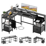 Garvee L Shaped Desk 76" Reversible L Shaped Computer Desk with File Drawer, Power Outlet, Monitor Shelf, Metal Frame, MDF Board, Grey Oak, Home Office - Gray