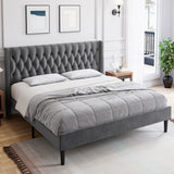 Garvee Full Size Bed Frame with Tufted Wingback Headboard, Wooden Slats, Noise-Free, Light Grey, Fits Standard Mattresses, Easy Assembly - Gray