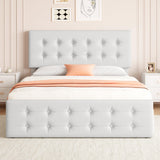 Garvee Full Size Bed Frame with 4 Storage Drawers and Headboard, Faux Leather Upholstered Platform Bed Frame with Wooden Slats Support, Button Tufted Design, No Box Spring Needed, White - Pure White PU