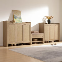 Garvee Boho 47" Rattan Shoe Storage Cabinet with 3 Doors and Adjustable Shelves for Hallway Living Room, Light Oak