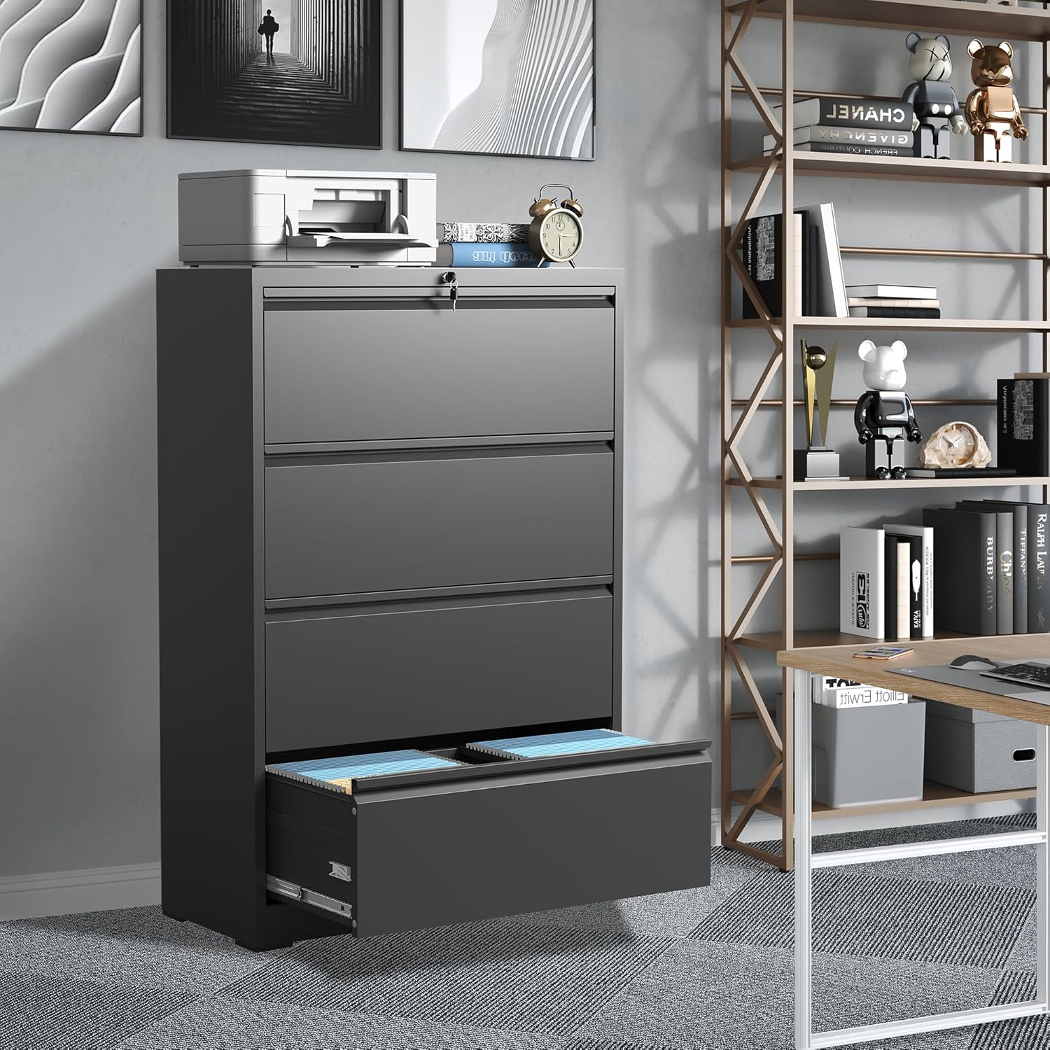 Garvee 4 Drawers Lateral File Cabinet, Metal Filing Cabinet with Lock for Home Office, Wide Steel Storage Cabinet Commercial Drawer Cabinets for Legal/Letter/A4 Size Files, Assembly Required