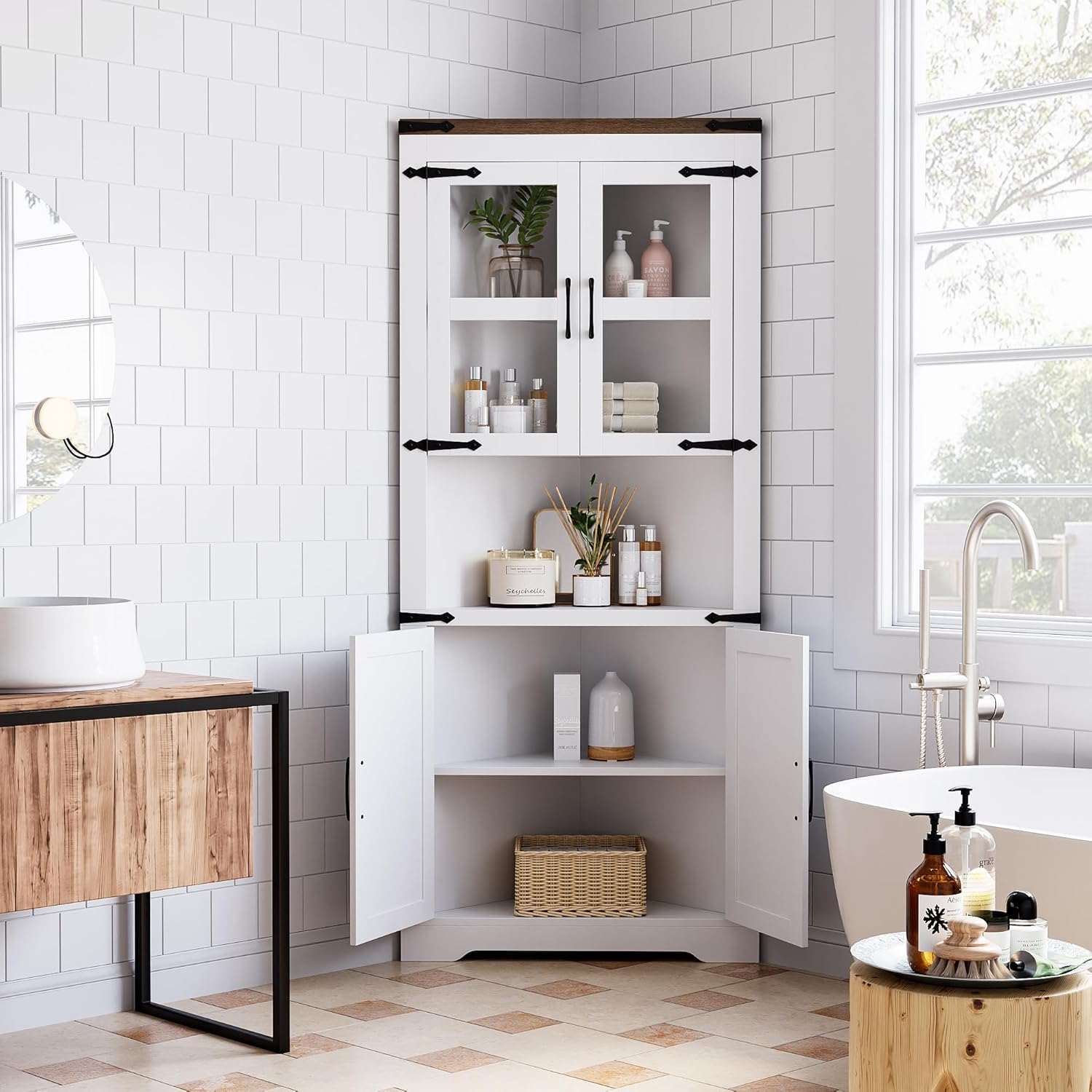 Garvee Farmhouse Corner Cabinet, Tall Corner Storage Cabinet with Barn Door & Adjustable Shelves, Bathroom Cabinet with Storage for Living Room, Kitchen, Bathroom, White