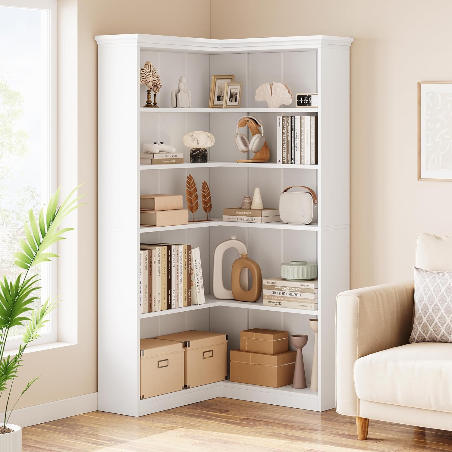 Garvee Farmhouse Bookshelf Corner Bookcase, 72.8” Large Bookcase Wood Bookshelf Tall L Shaped Bookshelf 5 Tier Corner Shelf Display Rack Etagere Shelf Storage for Office Bedroom (Full Panel, White)