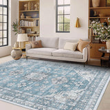 Garvee Area Rugs for Living Room, Machine Washable Non Slip Soft Low-Pile Carpet, Vintage Aesthetic, Stain-Resistant, Non Shedding, Dining Bedroom Decor - Blue