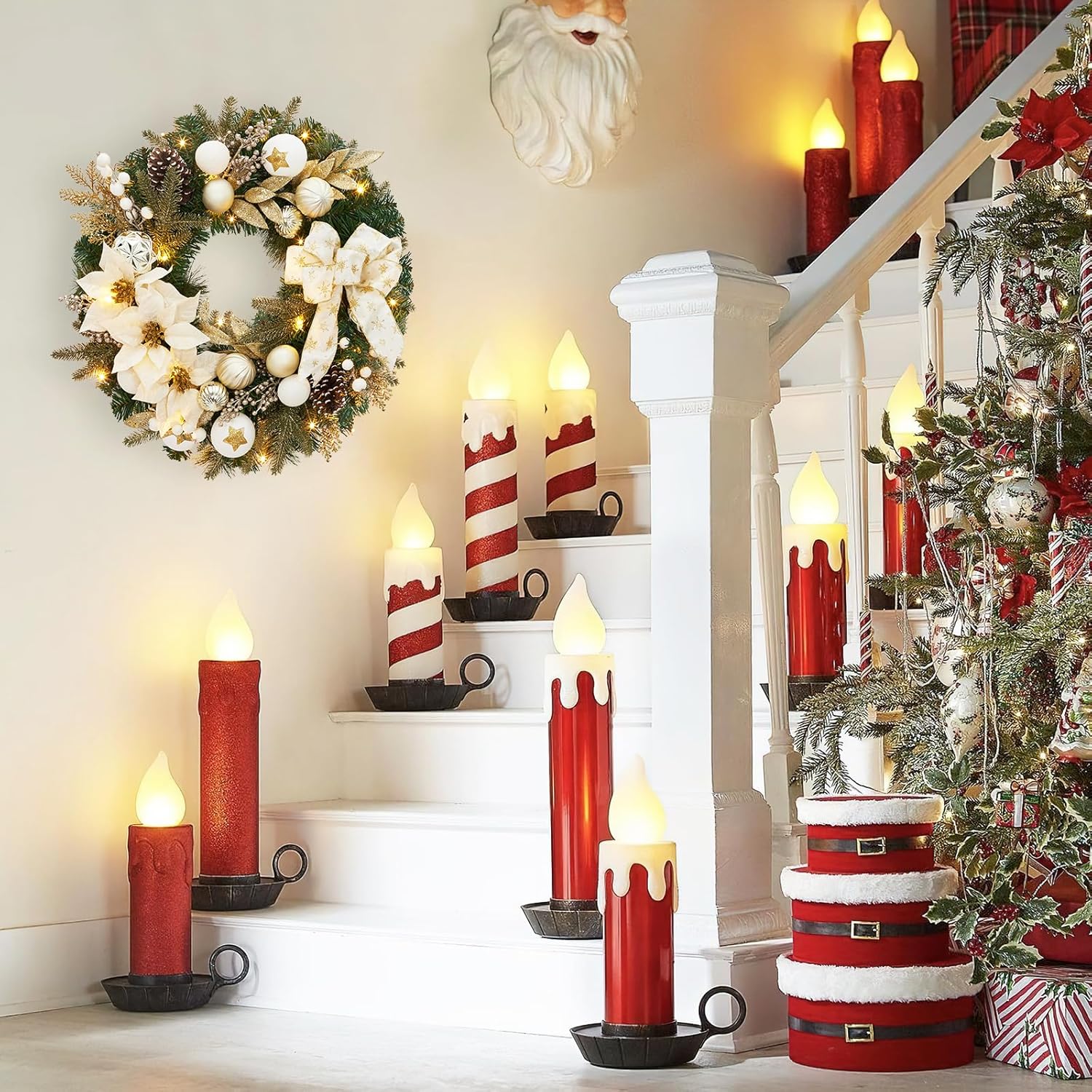 Garvee Pre-Lit Christmas Wreath for Front Door, 24 Inch Large Lighted Wreath with Xmas Balls, Artificial Flower & Bow, Battery Operated Christmas Wreath for Fireplace Window Wall Decor, Champagne